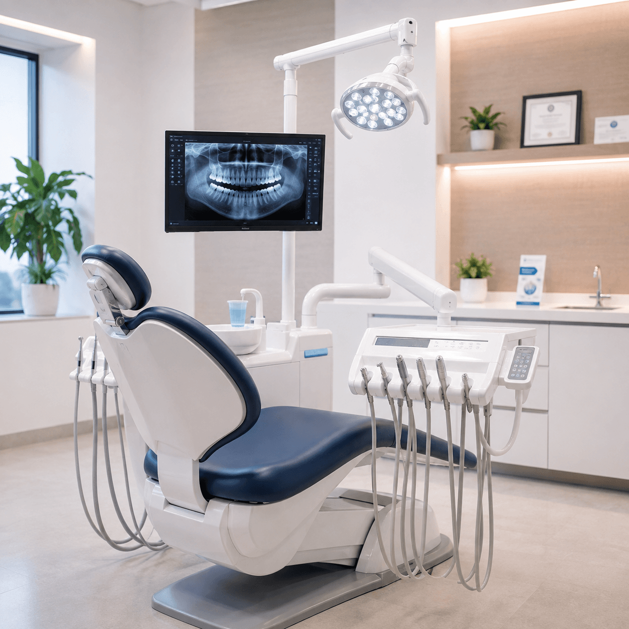A tidy treatment room with a navy dental chair, overhead light, and a panoramic dental X-ray on a wall-mounted screen