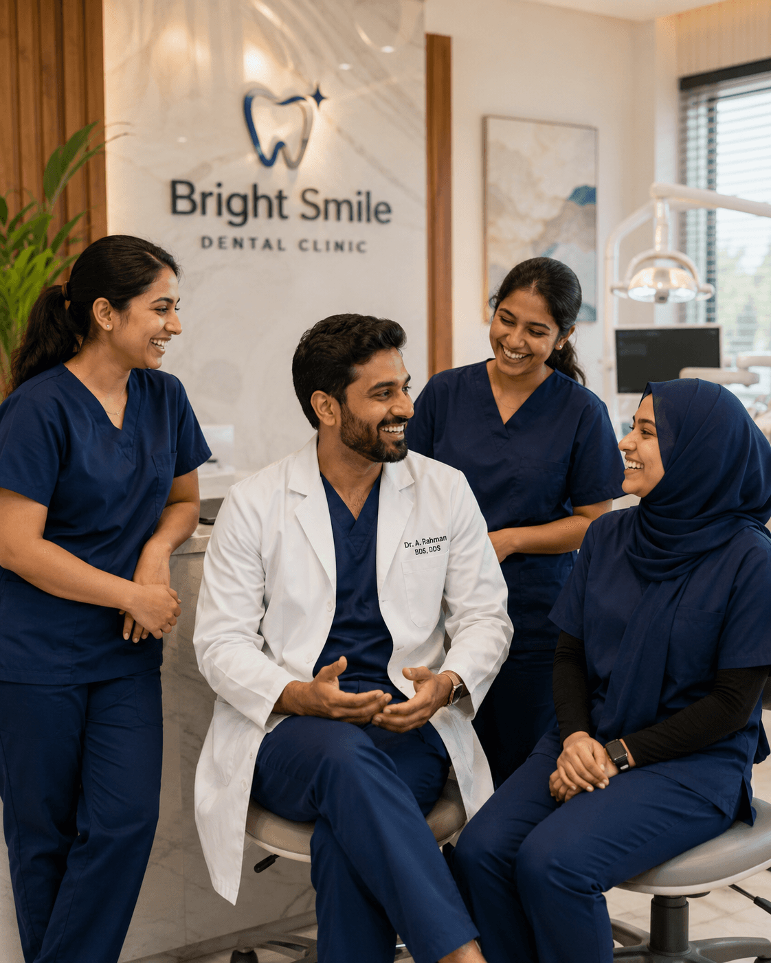 Dr. A. Rahman and the Bright Smile Dental team laughing together at the clinic reception desk