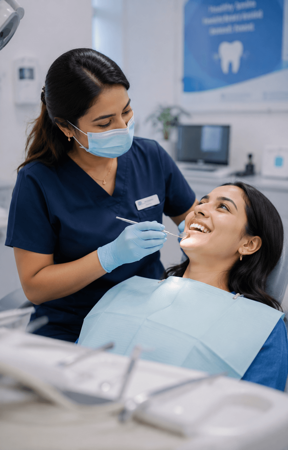A masked clinician in navy scrubs checking a relaxed, smiling patient's teeth with a mouth mirror in a bright treatment room