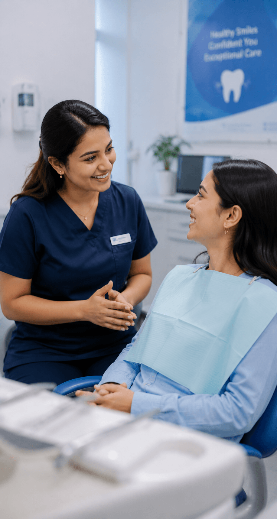 A clinician in navy scrubs seated level with a patient in the chair, talking and smiling with them before the appointment begins